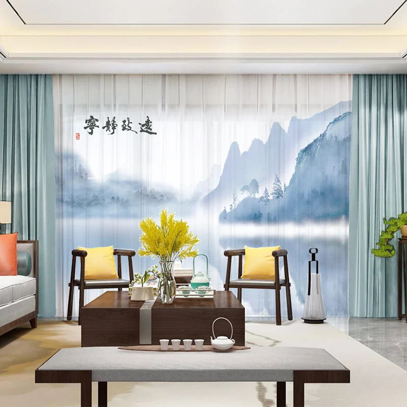 Custom Chiffon Sheer Curtain Window Drape for Bedroom Living Room Mountain Hills River Boat Trees Landscape