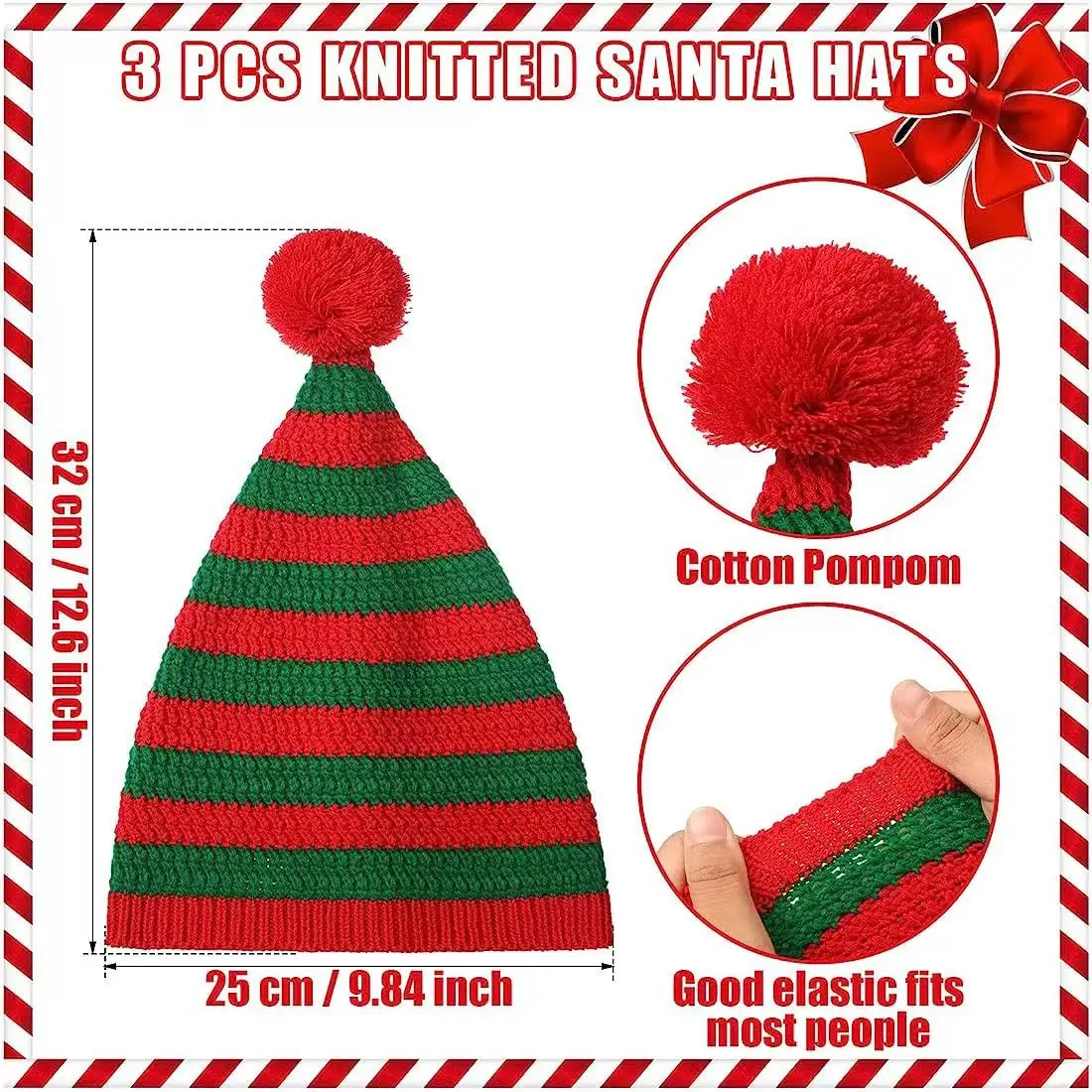 Christmas Knitted Elf Hats Xmas Beanie Santa Hat with Pompom Striped Winter Hats Bulk Warm Crochet Caps for Women Men