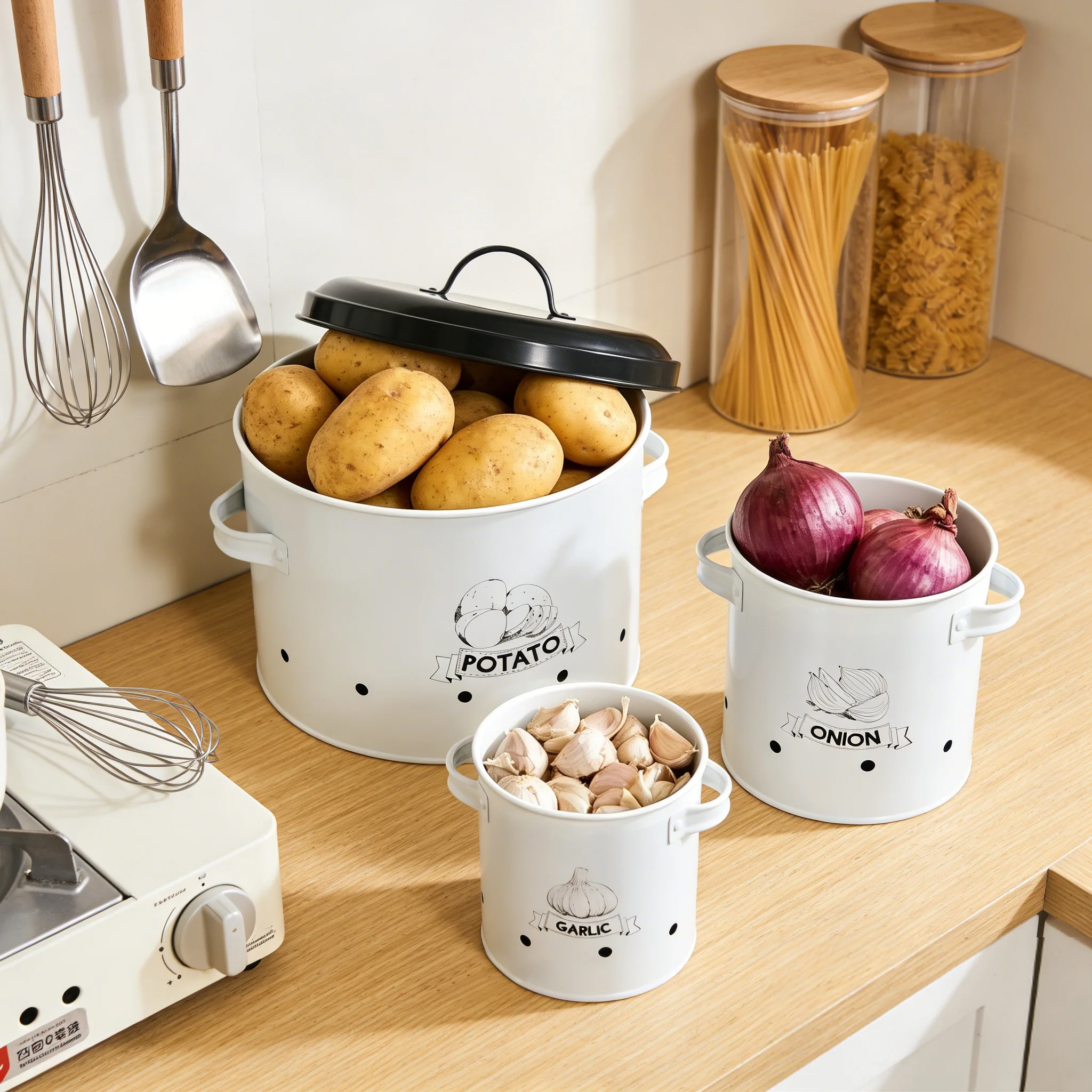 

3Pcs Set Metal Potato Onion Garlic Storage Canisters, Breathable Holes Moisture-proof Kitchen Food Containers
