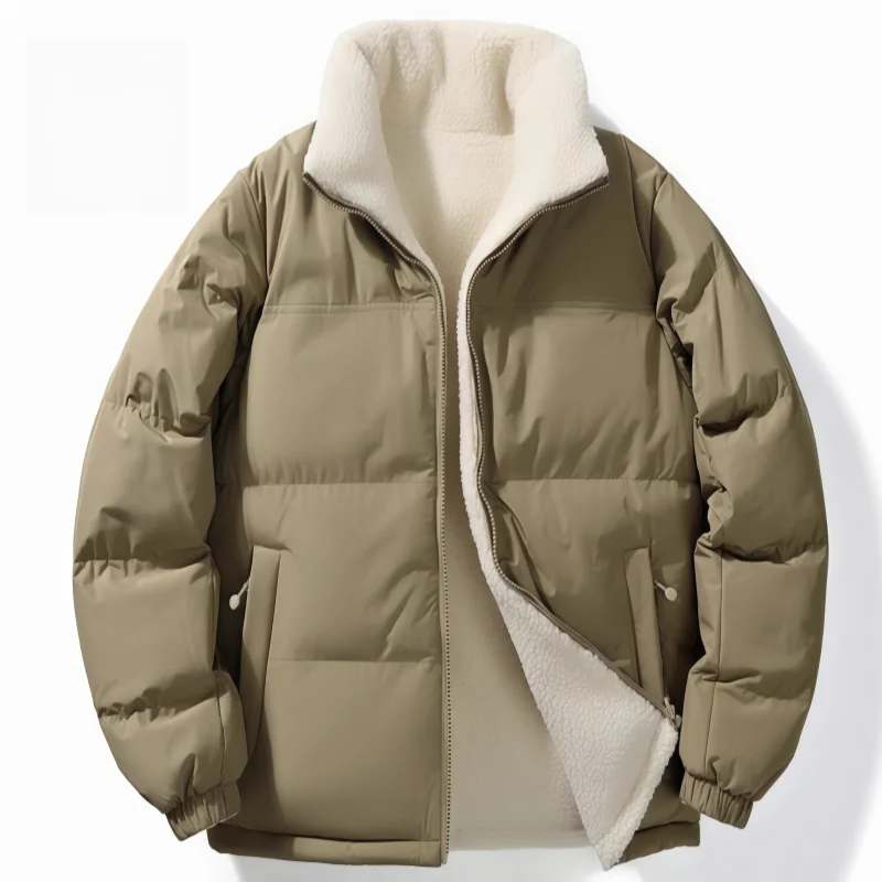 Unisex Reversible Fleece Polyester Faux Silk Cotton Jacket, Winter Stand Collar Loose Thickened Casual Warm Cotton Coat