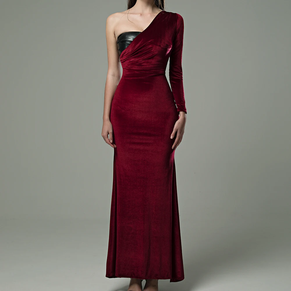 

Customized Classic Straight Ankle Length Strapless One Shoulder Velvet Long Sleeves Evening Dress Elegant vestidos para mujer