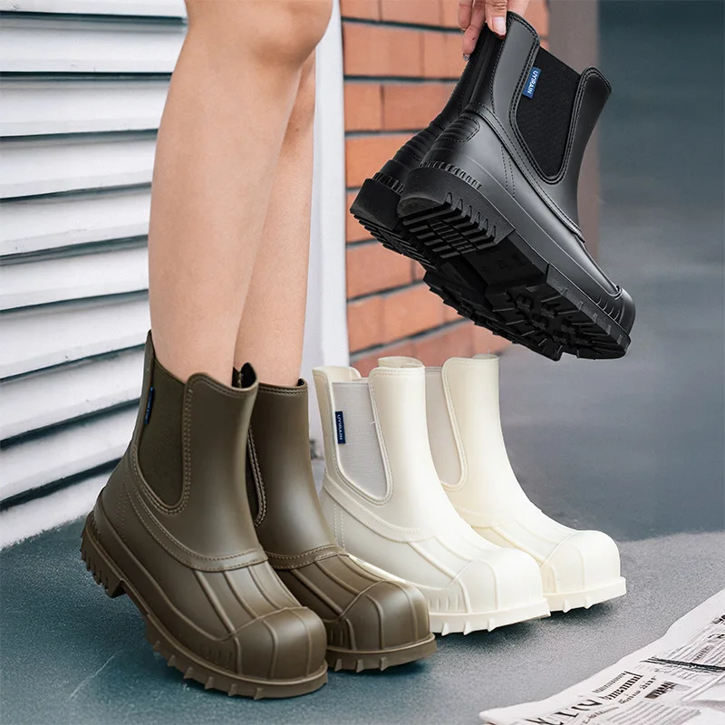 

Fashionable Elastic Band Chelsea Rain Boots Mid-Calf Thick Bottom Outdoor Slip-Resistant Waterproof Rain Shoes for Women