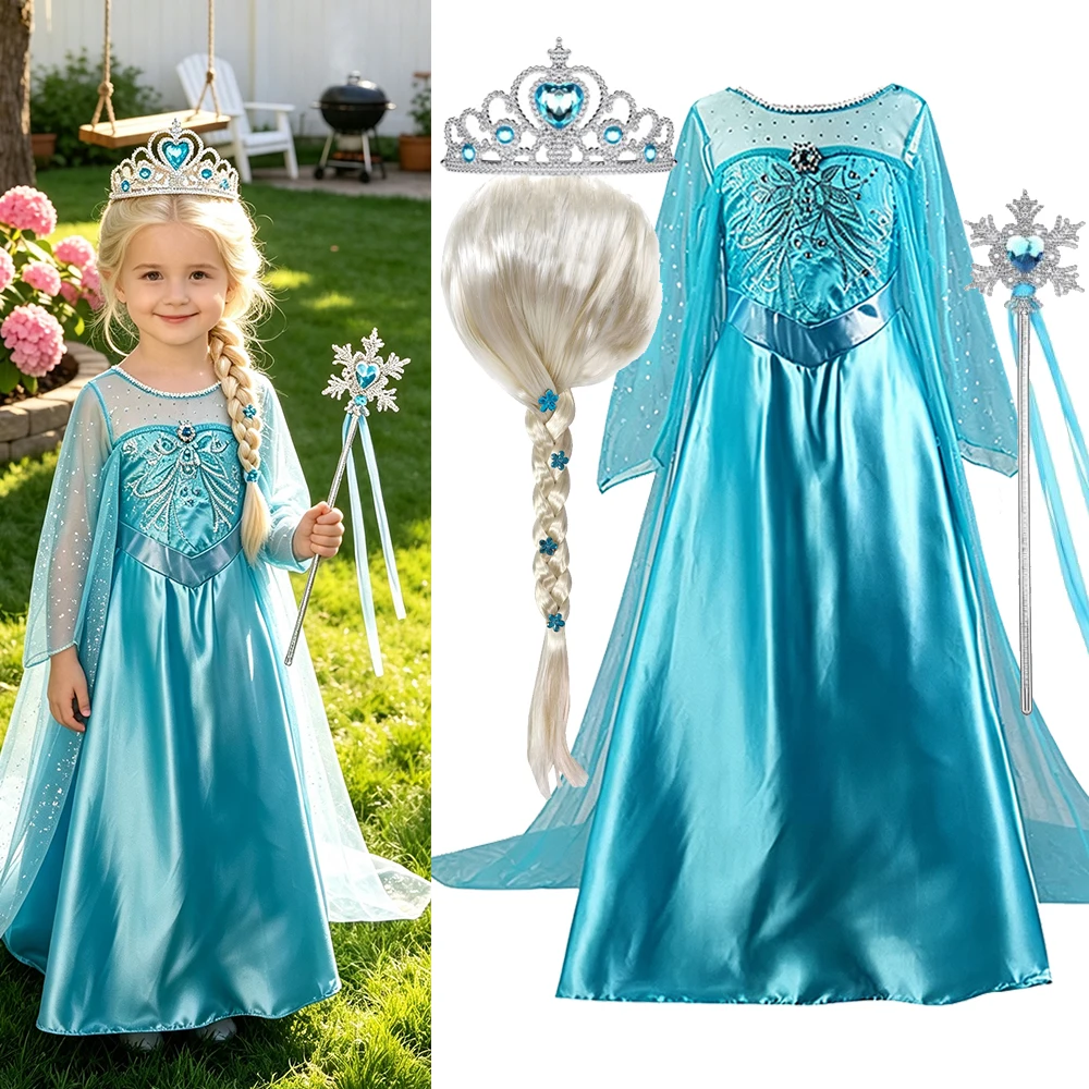 Blue Princess Dress Kids Long Birthday Dress for Girls Halloween Costumes Carnival Clothes 3 4 5 6 7 8 Years