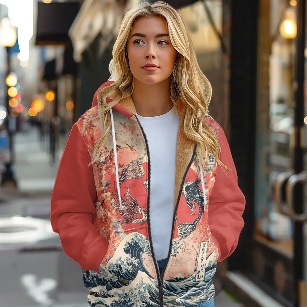 

Japanese Koi Wave Print Fleece Jacket Harajuku Cranes Zip Up Hoodie Winter Women Coats Casual Streetwear Thick Warm Outfits Tops