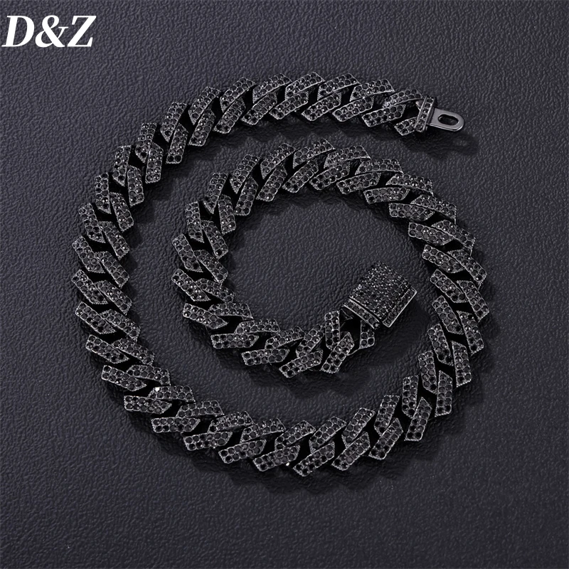 D&Z Diablo System Black 15MM Cuban Link Chain 2Row Black Iced Out Rhinestones Rapper Necklaces For Men Women Choker Jewelry