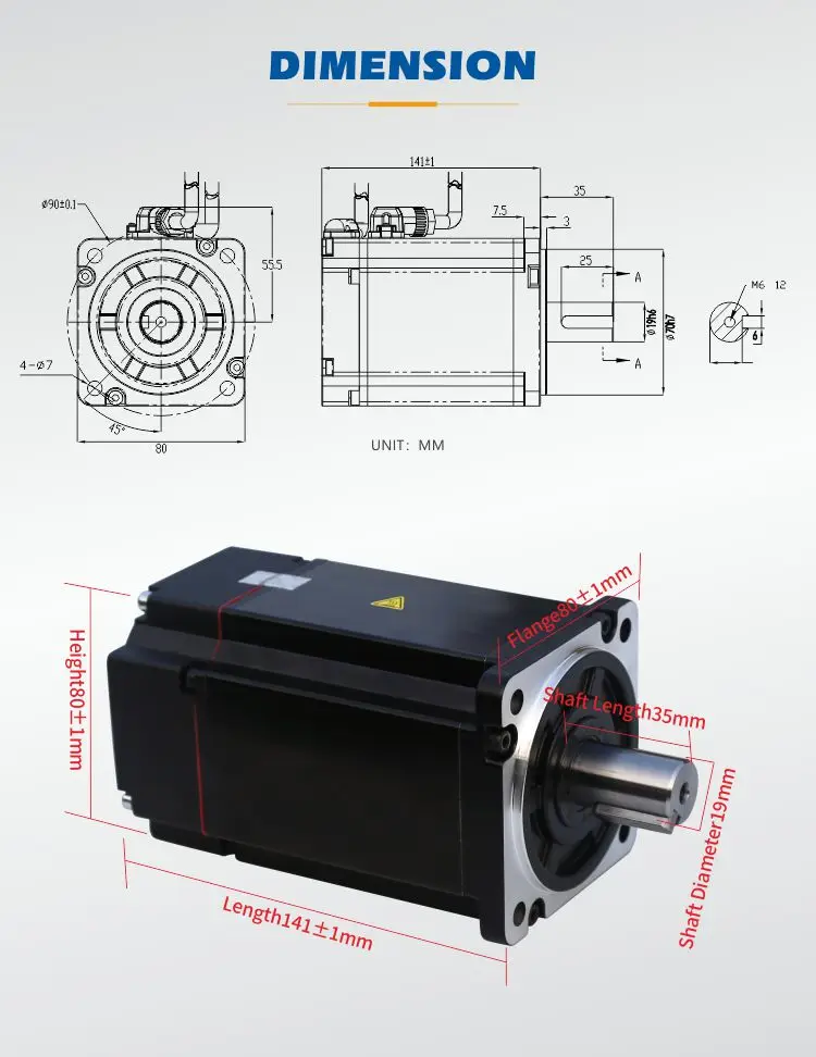 3 Phase 33 80mm 48V 1000W 3.2N.m 3000RPM 25A Keyway Brushless Dc Servo Motor With 2500-wire Encoder For CNC Machine