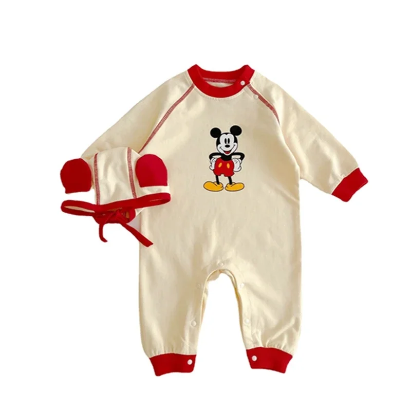 Long Sleeve Baby Boy Romper Cartoon Disney Mickey Mouse Rompers Spring Kids Clothes + Hat Girls Jumpsuit Cotton Toddler Outfits