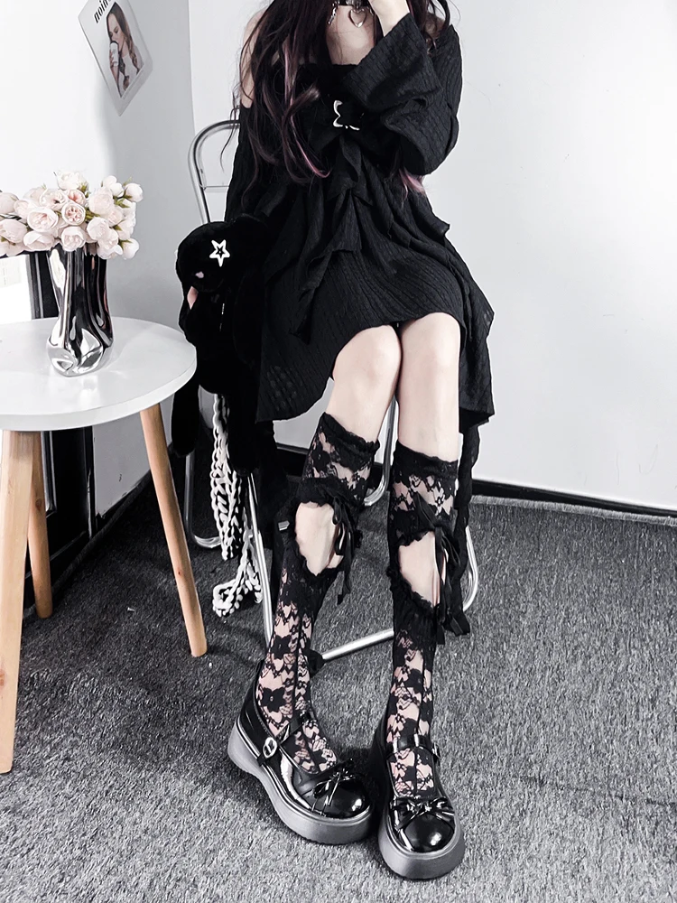 Calf Socks Summer Thin Style With Straps Hosiery Sweet Soft Girl Lolita Black Stockings Japanese Pure Desire Mid-Calf Long Socks