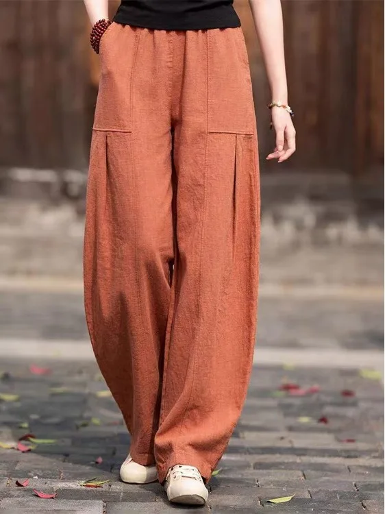 

Женские повседневные брюки-фонарики с высокой талией из хлопка и льна в стиле ретро для занятий тай-чи, свободного кроя, прямые штанины, весна-осень