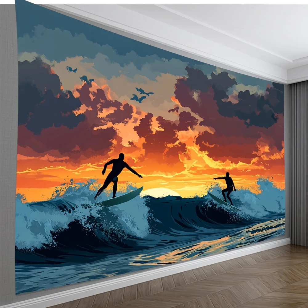 Surfer Silhouette Tapestry Wall Hanging, Sunset Ocean Waves and Flying Birds, Summer Beach Art Decor for Living Room Bedroom
