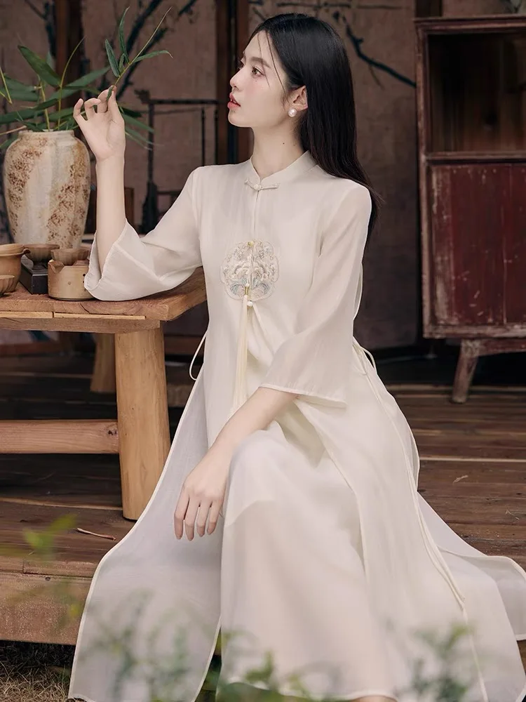 

New Chinese Style Women's Qipao Dress Embroidered Ancient Cold Fashion Miniature Tea Ceremony Clothing Reformed Hanfu