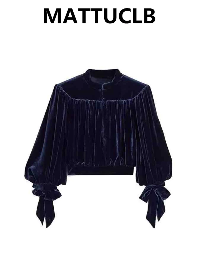 

Autumn Winter Women's Velvet Shirt Top Three-quarter Sleeve French Vintage Elegant Evening Old Money Blouse Design Aesthetic New