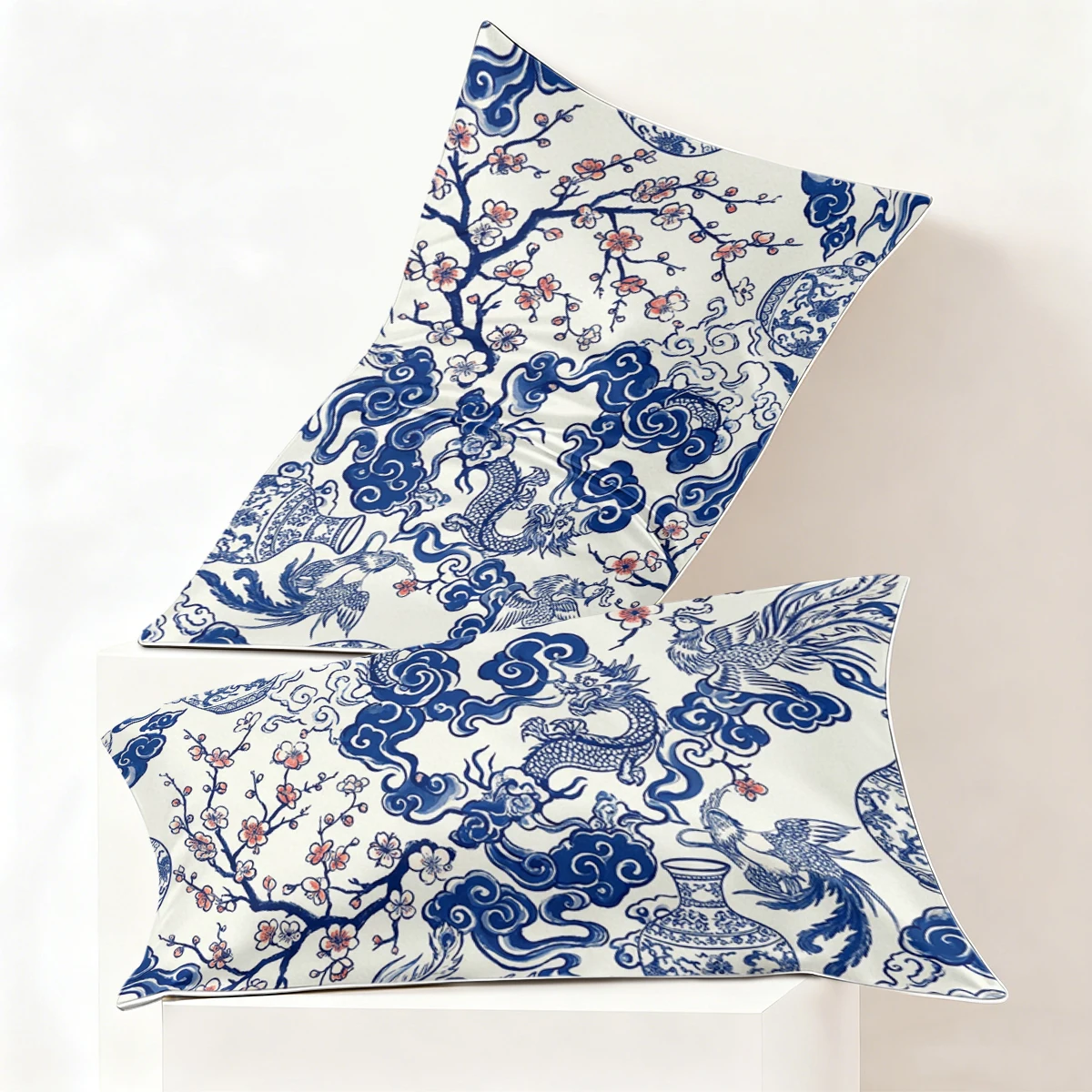 2PCS Chinese Blue White Porcelain Dragon Phoenix Plum Blossom Cloud Satin Pillowcase Silk Pillow Cover Envelope Closure Decor