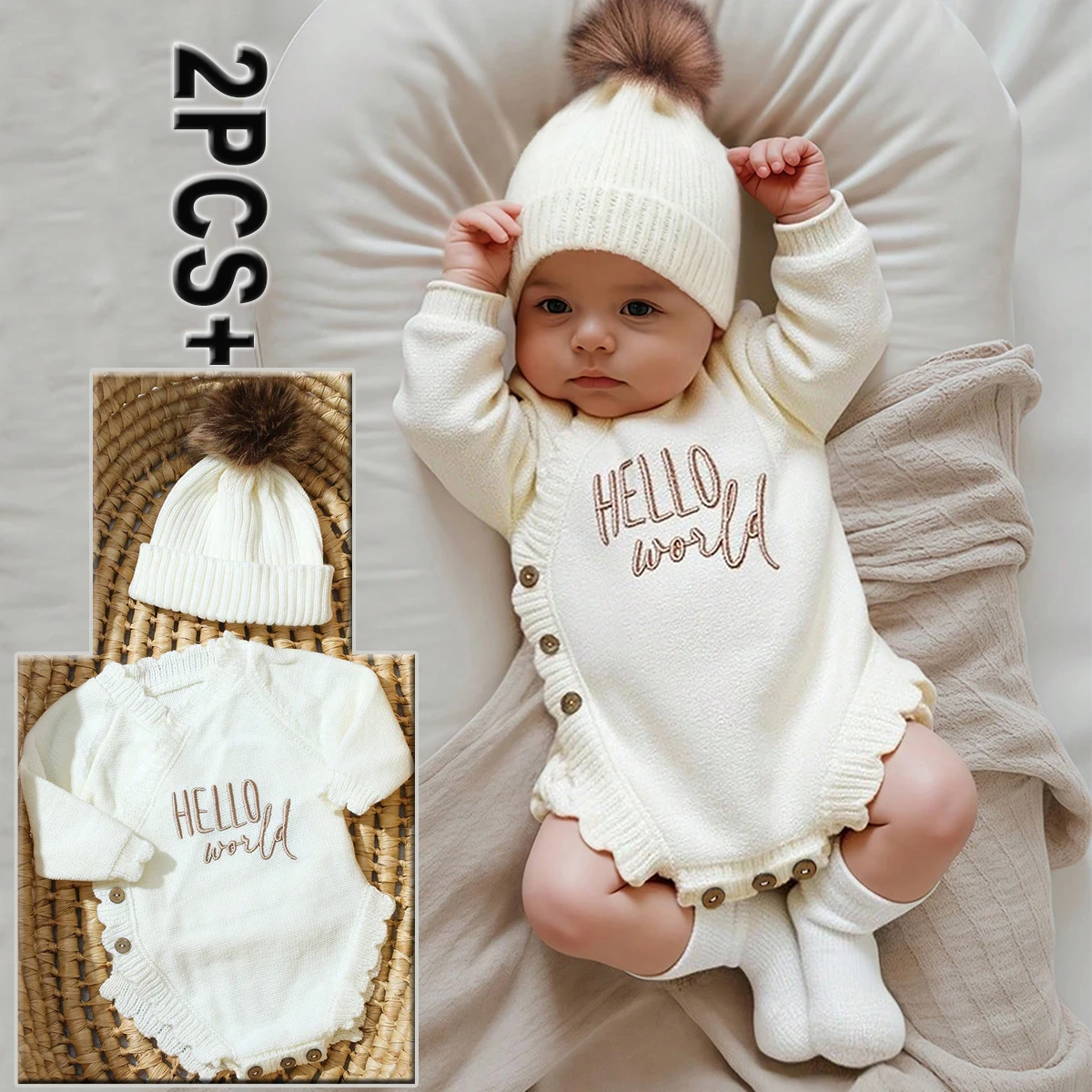 

2Pcs Knitting Newborn Photography Comfortable Romper With Pom-pom Hat Baby Boy Girl Sweater Outfits Photo Shooting Props