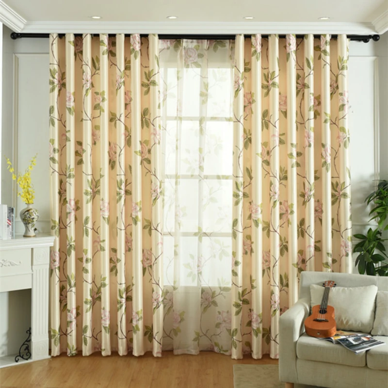 

American Countryside Style Beige Printed Fabric Curtain Blackout Single-sided Velvet Curtain Bedroom Living Room Balcony Curtain