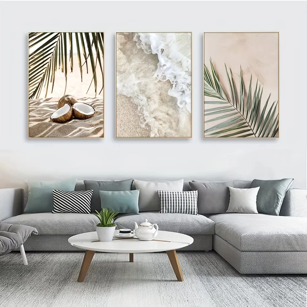 3PCS Wall Art Sea View Poster White Waves Beach Palm Leaves Coconut Canvas Painting Poster Landscape Painting Home Decoration