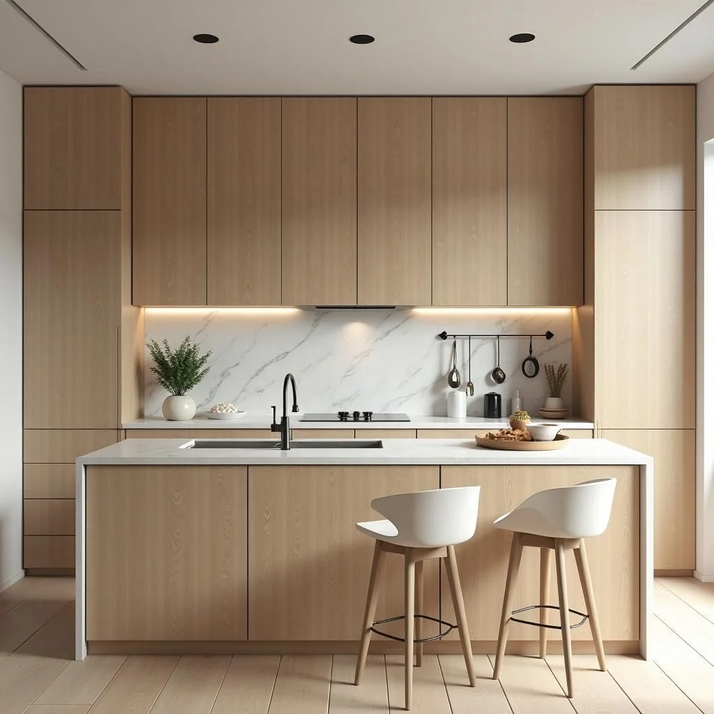 Modern Japandi Kitchen Set Wood Handleless Cabinets Center Island With Sink Soft LED Lighting Custom