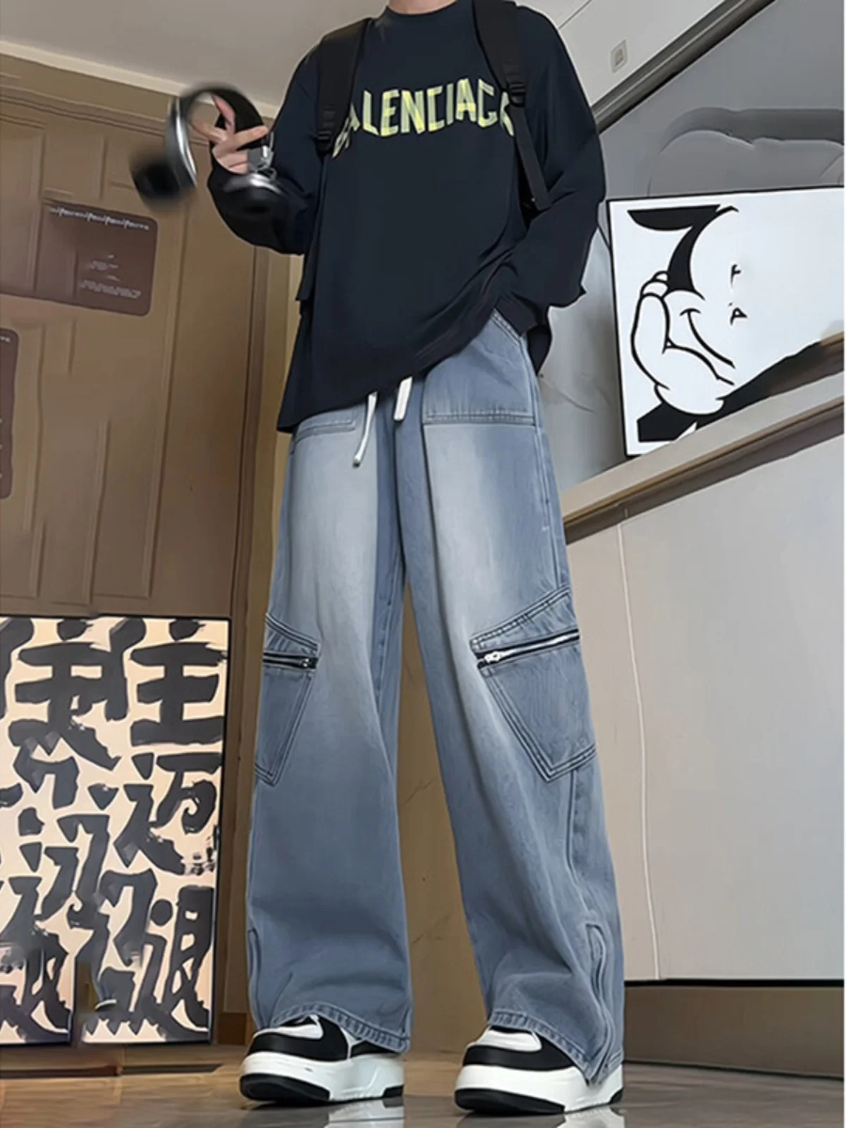

American High Street Vibe Men's adient Denim Jeans Spring Autumn Waed Zipper Wide Leg Workwear Straight Micro Flared Pants