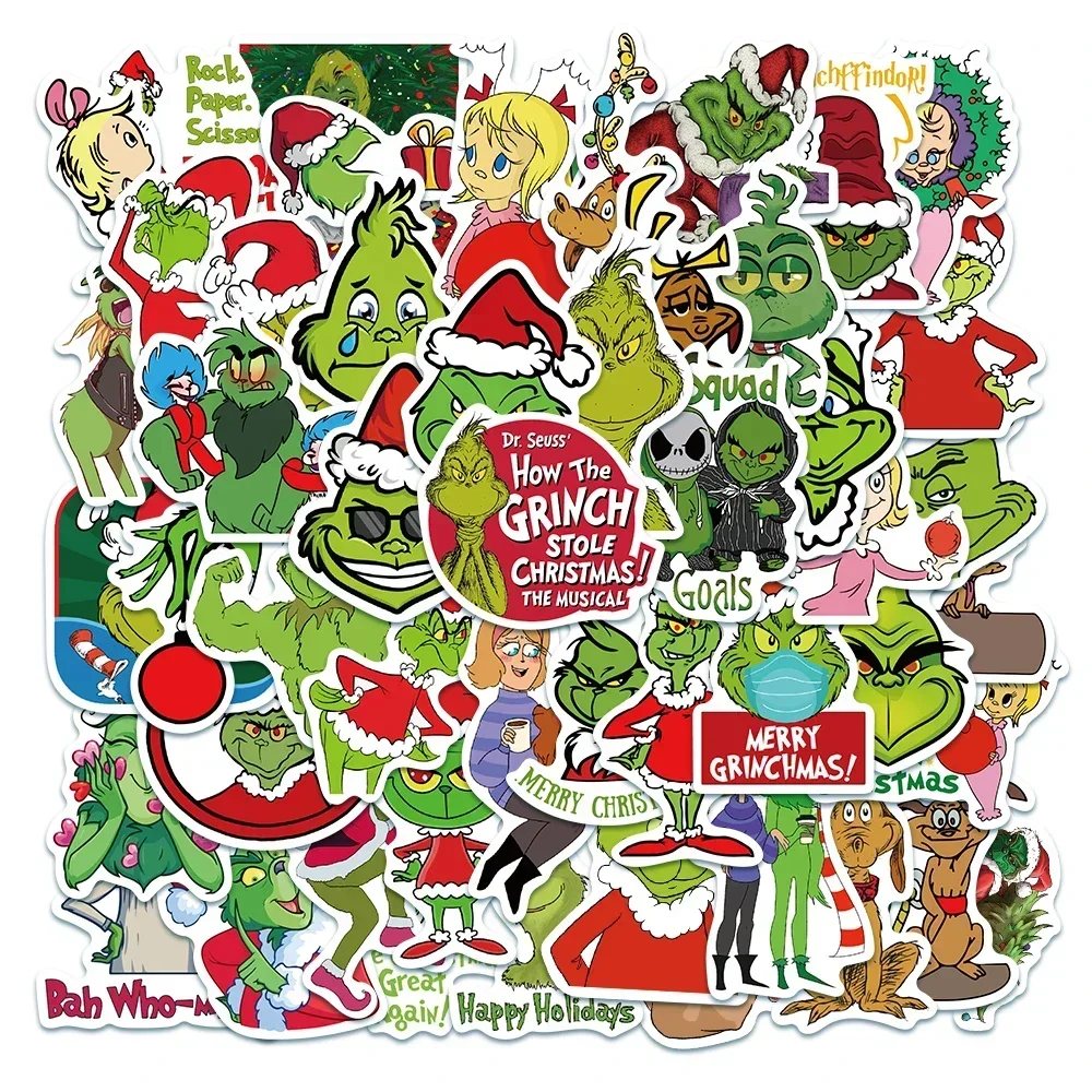 50pcs Green People Grinch Stickers Christmas Max Decal Kids Toy Scrapbook Diary Phone Laptop Guitar Graffiti Waterproof Stickers