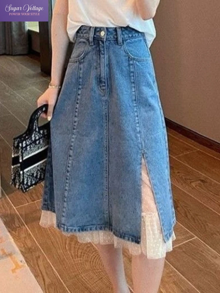 Französisch Chic Vintage A-Line Denim Rock Frauen Schlank Hohe Taille Seite Split Spitze Detail Casual Mid-Länge Rock Koreanische mode Rock