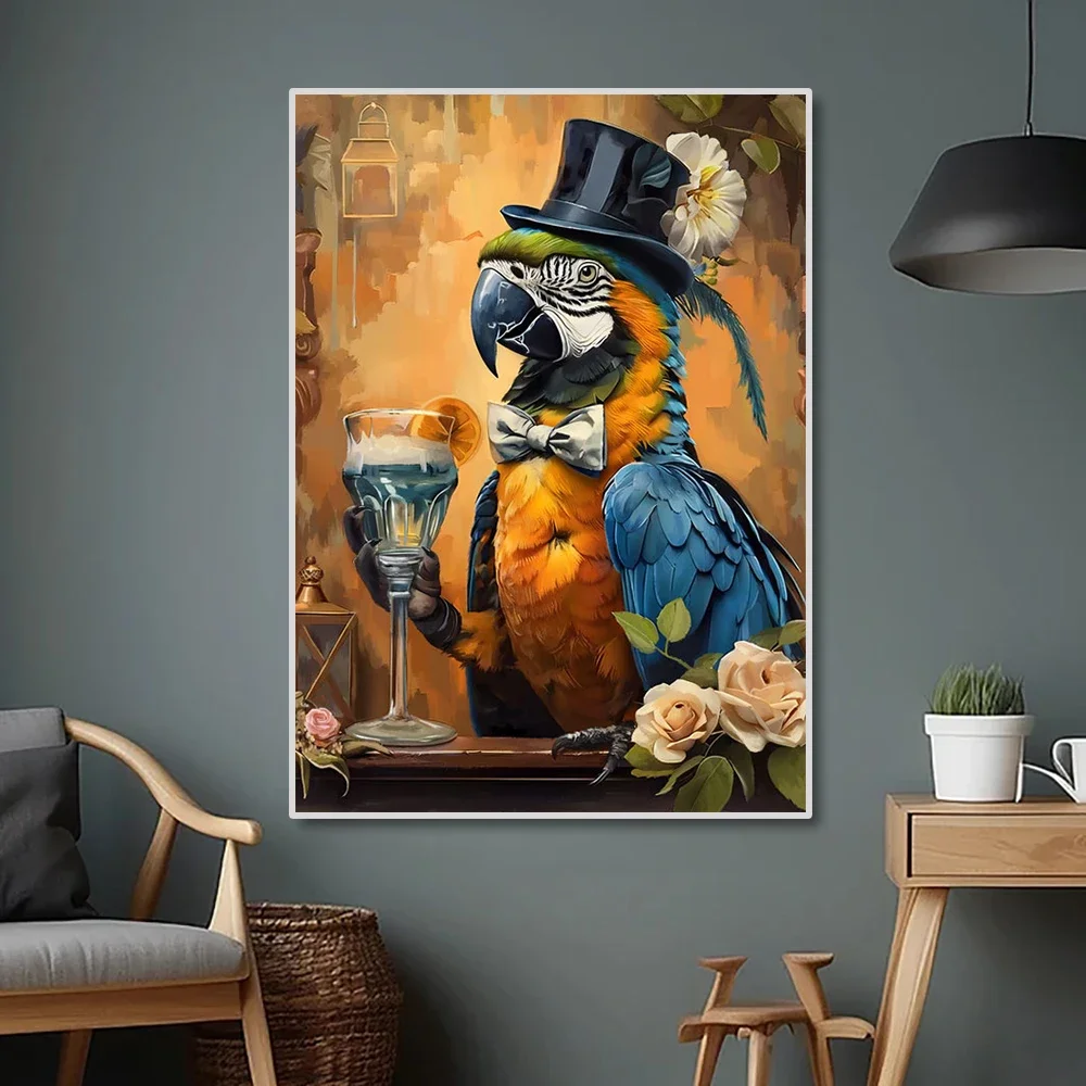 Gentleman Animal Suit Drinking Fun Poster Art Print Parakeet Suit Graffiti Wall Decoration Canvas Painting Posters Wall Decor