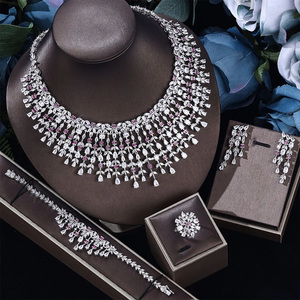 2023 New Cubic Zirconia Crystal 4-Piece Set Dubai Necklace Set Suitable for Bridal Wedding Jewelry Set