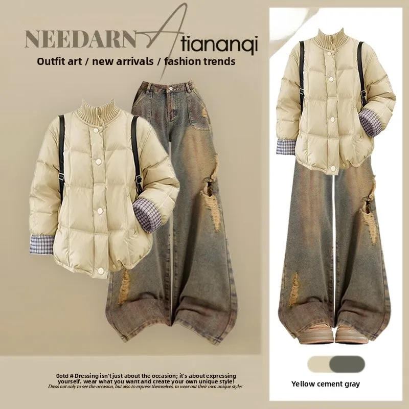 

Korean Sle Knitted Patchwork Lazy Sle Cotton Jaet And Wide Leg Jeans Denim Pants Winter Two Piece Set Women's Faion