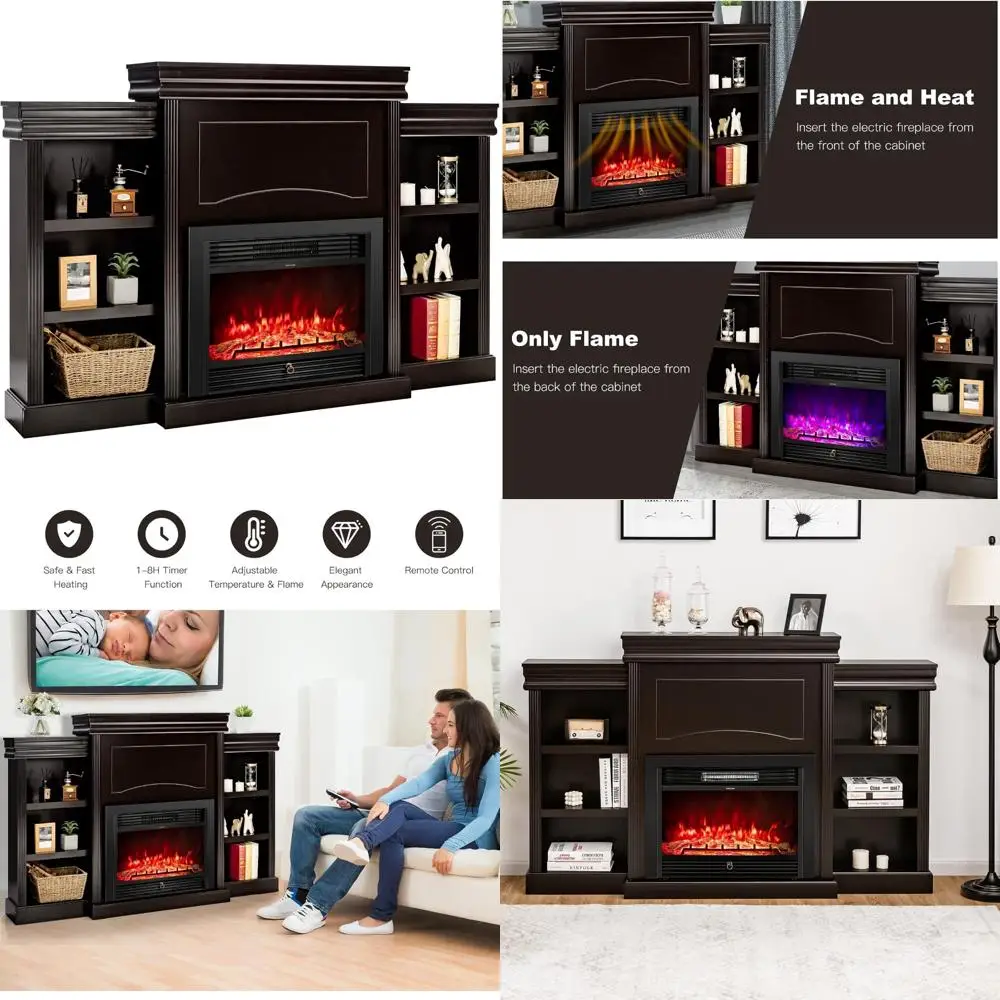 مدفأة كهربائية مقاس 70 بوصة مع رف مدمج وأرفف كتب، حرارة قابلة للتعديل 750 وات/1500 وات، عرض 28.5 بوصة، جهاز تحكم عن بعد