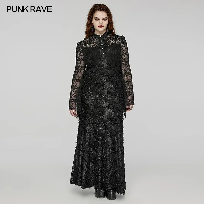 PUNK RAVE Women's Gothic Front Shirt Placket Design Decadent Dress Lace Irregular Tattered Collision Party Club Long Dresses