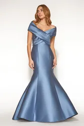 Mermaid Smoke Blue Satin Mother of The Bride Dresses Off The Shoulder Floor Length Party Gowns