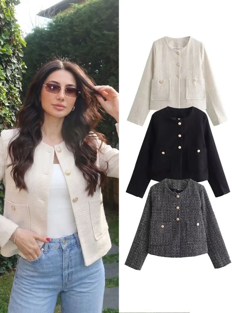 

HH Women Elegant Textured O-Neck Beige Loose Jacket 2026 Spring Long Sleeve Straight Single Breasted Jackets Outfit Short Coats