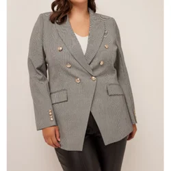 Women Fashion Plus Size Blazer Lapel Collar Office Lady Metal Button Plaid Casual Long Sleeve Jacket Coat Autumn Outerwear