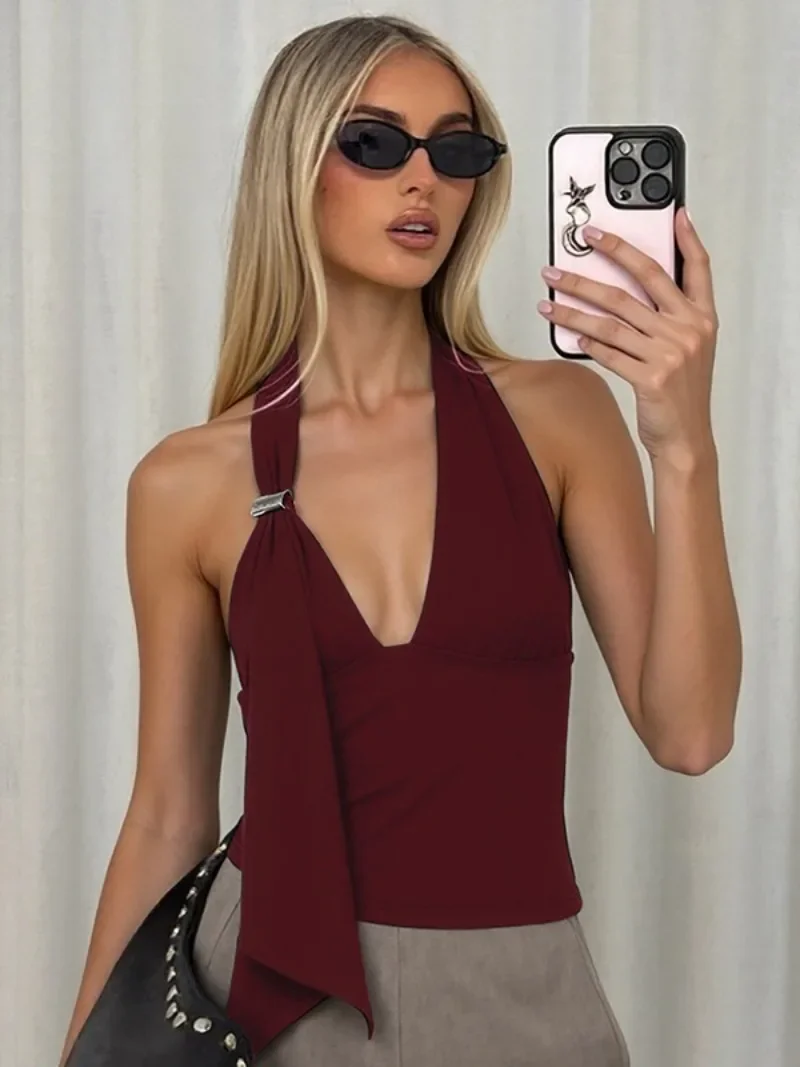 

Sexy Halter V-neck Bandage Tank Tops for Women Casual Fashion Sleeveless T-shirts Backless Cropped Top Black Wine Red Corset Y2K