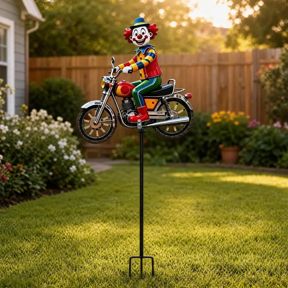 Lawn Decoration with Rotating Wheels Spinning Clown Motorcycle Wind Spinner Metal Yard Art with Rotating Wheels for Yard