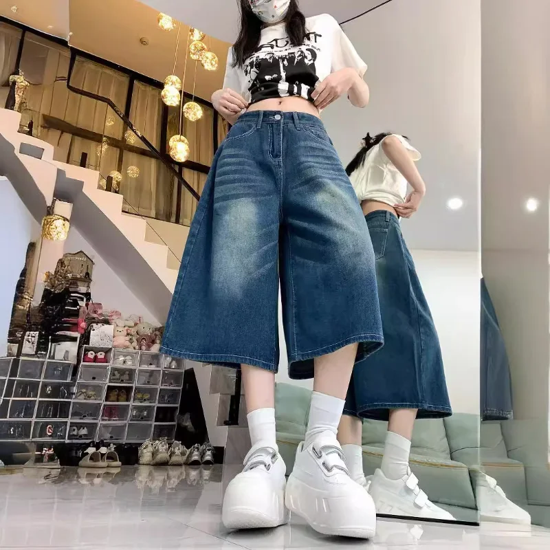 Retro Washed Blue Cropped Jeans for Women in Summer Pear Shaped Figure Slimming Mid Length Jeans Fashion Hight Waist Pants