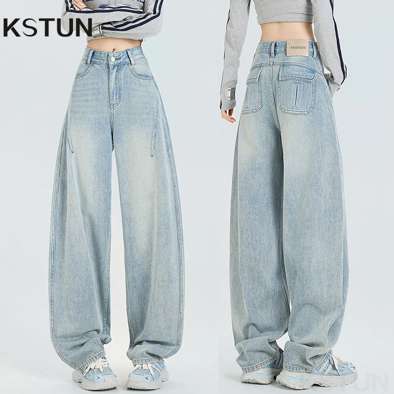 

KSTUN 2026 Vintage High Waisted Jeans Women Wide Leg Loose Denim Pants Light Blue Designed Pockets Curved Pants Casual Trousers
