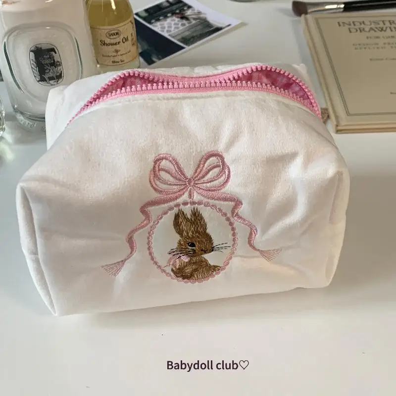 Portable Cute Rabbit Lace Bow Cosmetic Bag Large Capacity Makeup Organizer for Vacation Travel Use