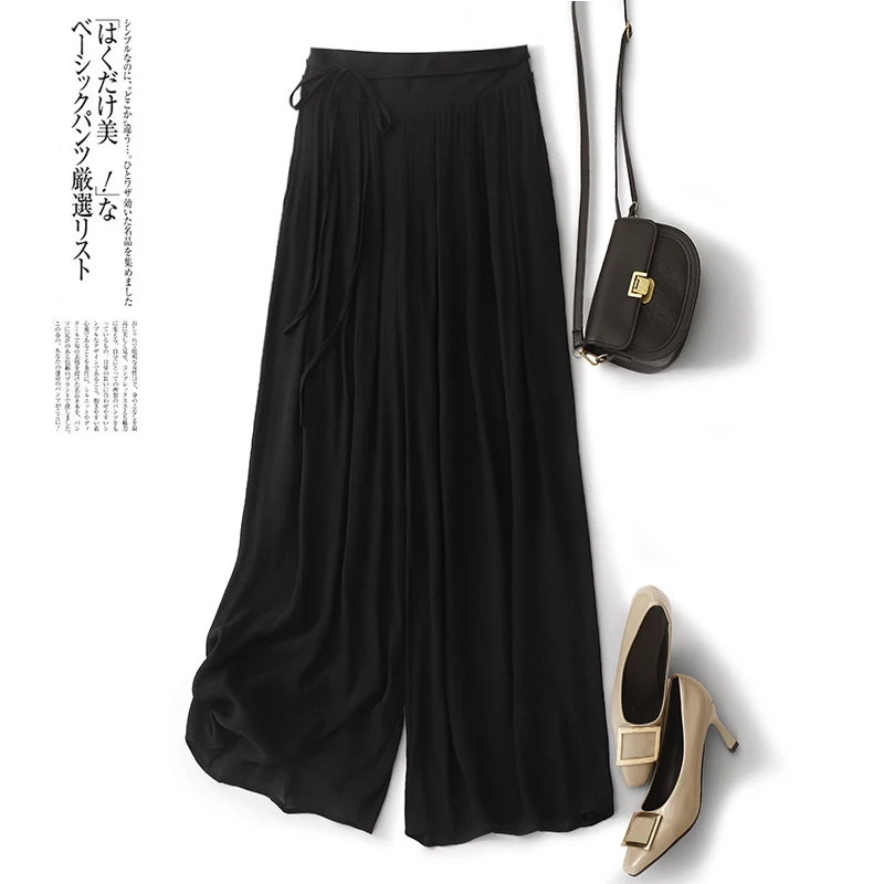   Calças de perna larga de seda de camada dupla saia feminina verão drapeado solto emagrecimento casual em linha reta calças de saia grande na moda