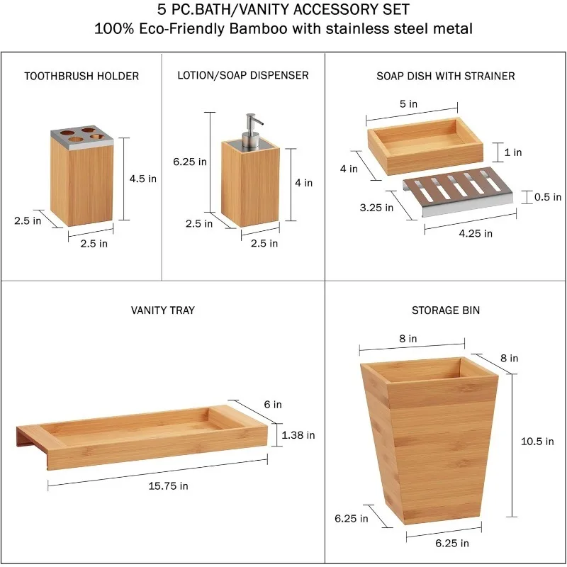 مجموعة ديكور الحمام مكونة من 5 قطع - إكسسوارات زينة من الخيزران مع سلة مهملات، طبق صابون، موزع صابون، حامل فرشاة الأسنان #3