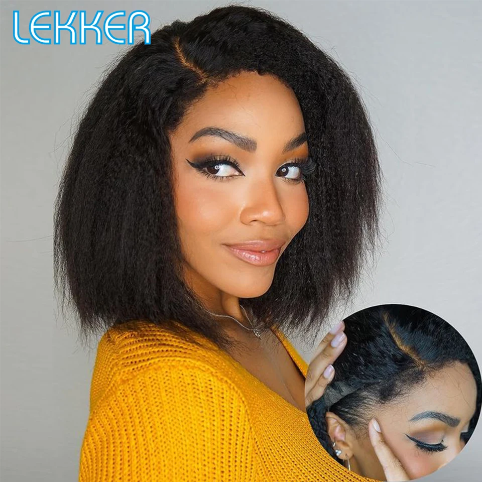 

Lekker Short Kinky Straight Bob 100% Human Hair Wigs For Women Brazilian Remy Hair Yaki Straight Part Lace Glueless Black Wigs
