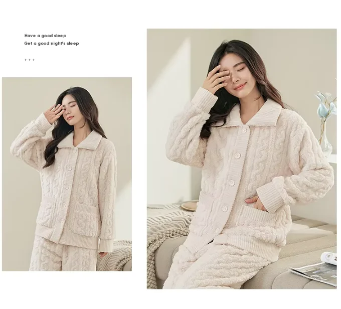 Women Autumn Winter New Coral Fleece 2Pcs Pajamas Set Lapel Thick Warm Shirt and Pant Dressing Gown Home Wear Sleepwear Clothes