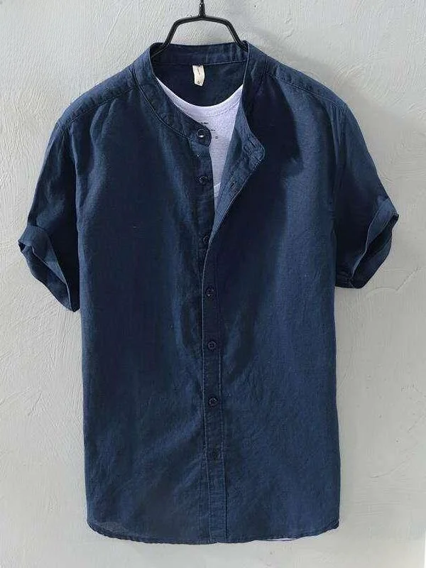 

Loose Fit Linen Short Sleeve Shirt Men's Stand Collar Breathable Thin Cotton Linen Casual Versatile Deep Blue Simple Japanese...