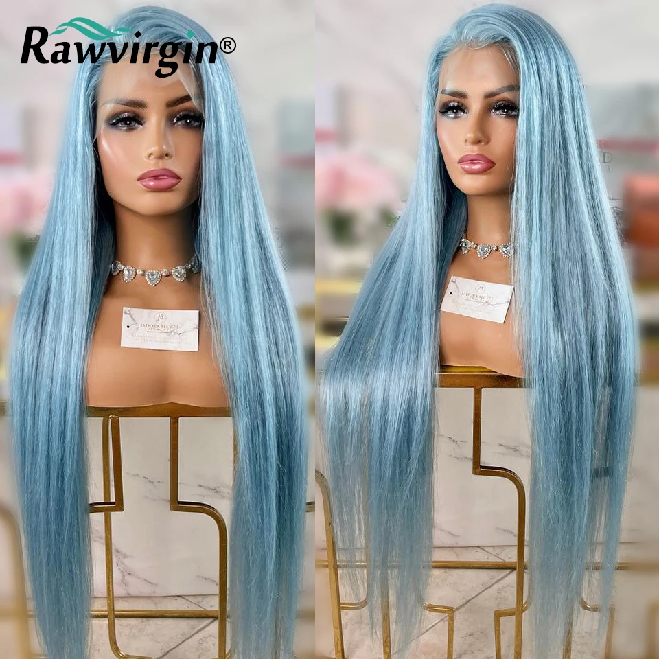 

30 Inch Light Blue Colored Lace Front Human Hair Wig 13x4 Bone Straight Lace Frontal Wig Pre Plucked Human Virgin Hair Wig 180%