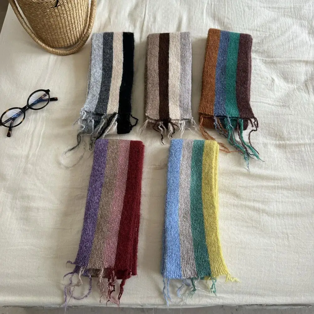 

Winter Neck Warmer Warmth Edge Design Narrow Scarves Version Long Strip Korean Stripe Color Fashion Block Knitted Scarf