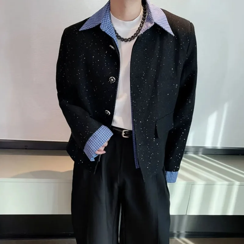 2025 Short Spliced   new Jacket Men's Fashion Versatile Fake Two-piece Tops for Men