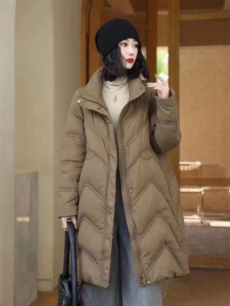 

Women Jacket Winter New Casual Loose Mid-length Down Jacket White Duck Down Thicked Stand Collar Puffer Jacket Fashion Warm Coat