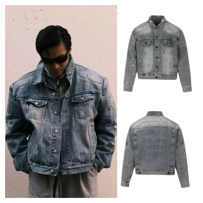 

YZY Kanye Kanji Тяжелая джинсовая куртка Зимняя стираная плиссированная потертая мужская женская куртка с кошачьими усами Broken Armor