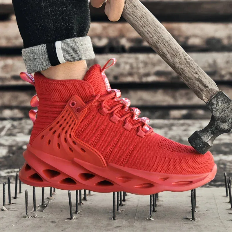 أحذية أمان غير قابلة للانزلاق للرجال، أحذية رياضية برأس فولاذي، مقاومة للثقب، زر دوار، أحذية عمل، أحذية رياضية مضادة للسحق