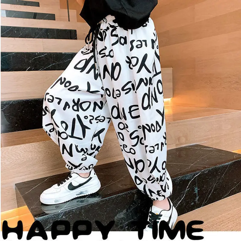 New Summer Child Clothes Girls Sweatpants Child Baby Letter Printed Bloomers Loose Ice Silk Trousers Pencil Pants 13 years