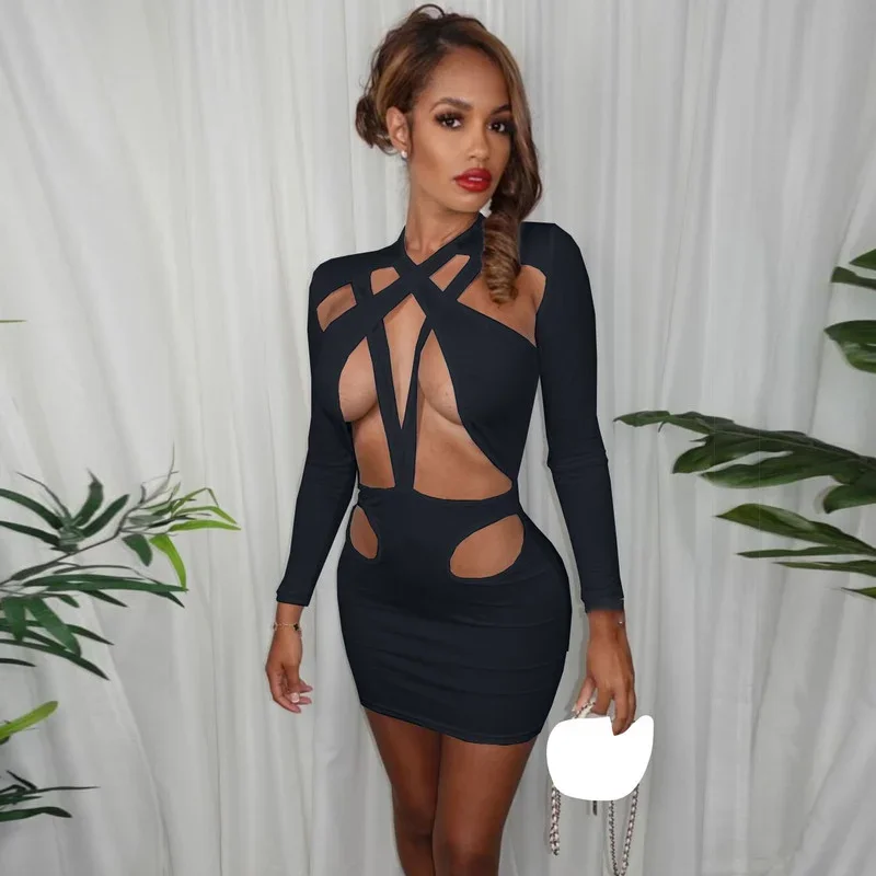 

KEXU Long Sleeve Bandage Bodycon Party Dress Sexy Hollow Out Mini Night Club Dress Spring 2024 White Black Women Clothes